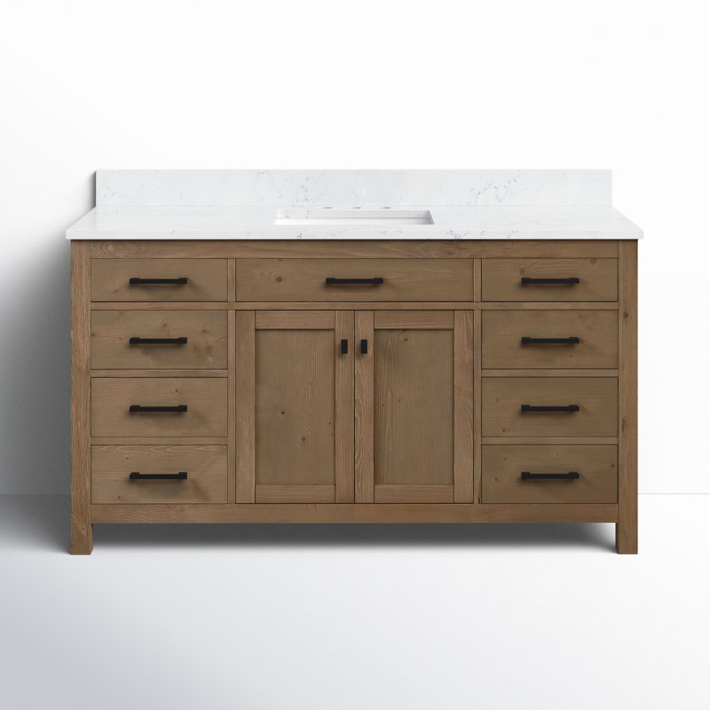 Meuble-lavabo simple 60 po Ajiya, Blanc de Carrare, Naturel texturé / noir mat