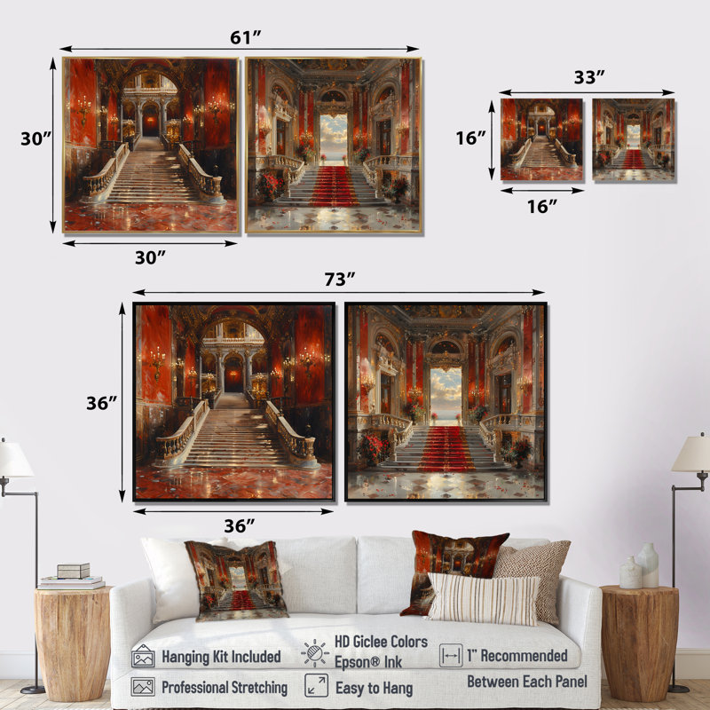 Ensemble de 2 pièces d'opéra rouge et or rouge - Opéra, art mural industriel pour le salon, H 30 po x l 61 po, White