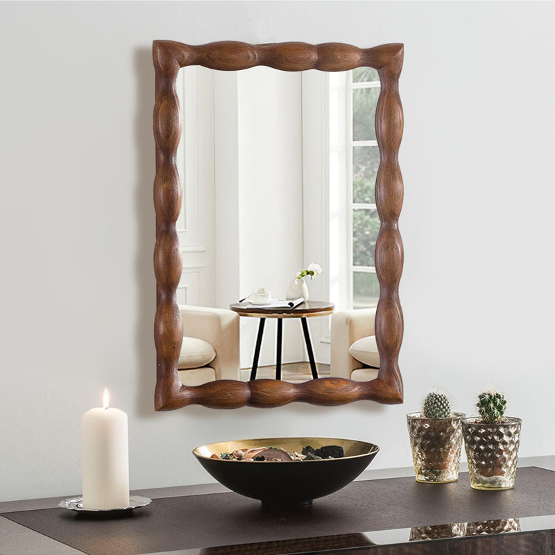 Marka 24''x36'' Natural Solid Pine Wood Frame Rectangle Flat Wall Mirror Wavy Design For Entry way&Bathroom, Walnut Brown