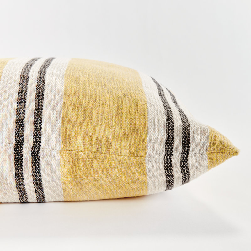 Finn Linen Throw Square Pillow Cover & Insert, Square 24" x 24", Ochre/Charcoal Striped 1