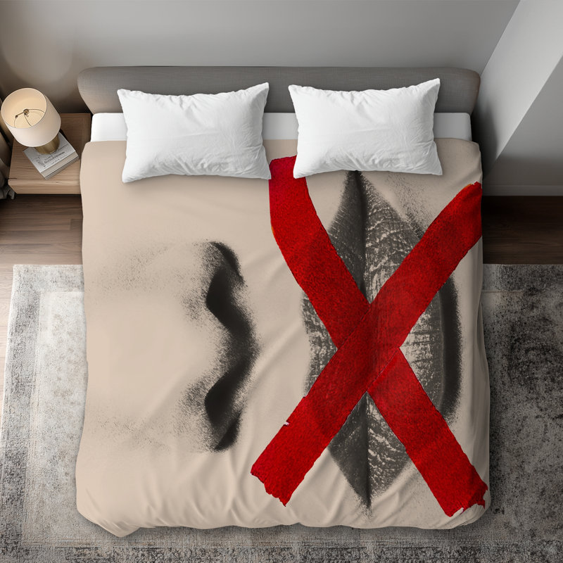 Grayscale Lips with Red X | Modern Figurative Duvet Cover