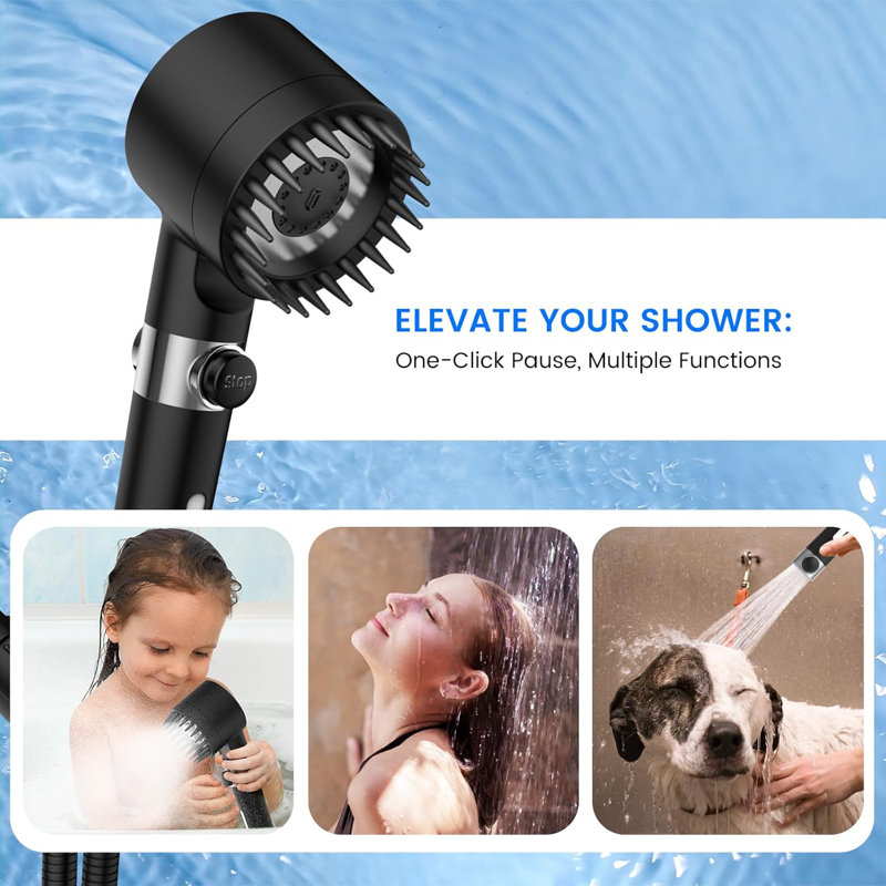Black Handheld Filtered Shower Head with High Pressure and Multiple Spray Modes