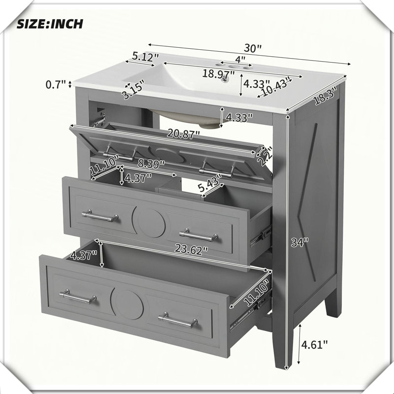 Meuble-lavabo simple autoportant en bois massif avec tiroirs en céramique, Gris
