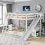 Lit plateforme superposé double au-dessus de double, construction en pin massif, blanc pur, avec échelle intégrée, glissière et tablettes de rangement