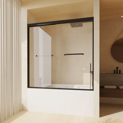 56-60" W × 60" H Tempered Glass Aluminum Frame Double Sliding Shower Door, "5/16 (8mm), Stainless Steel handle, Matte Black