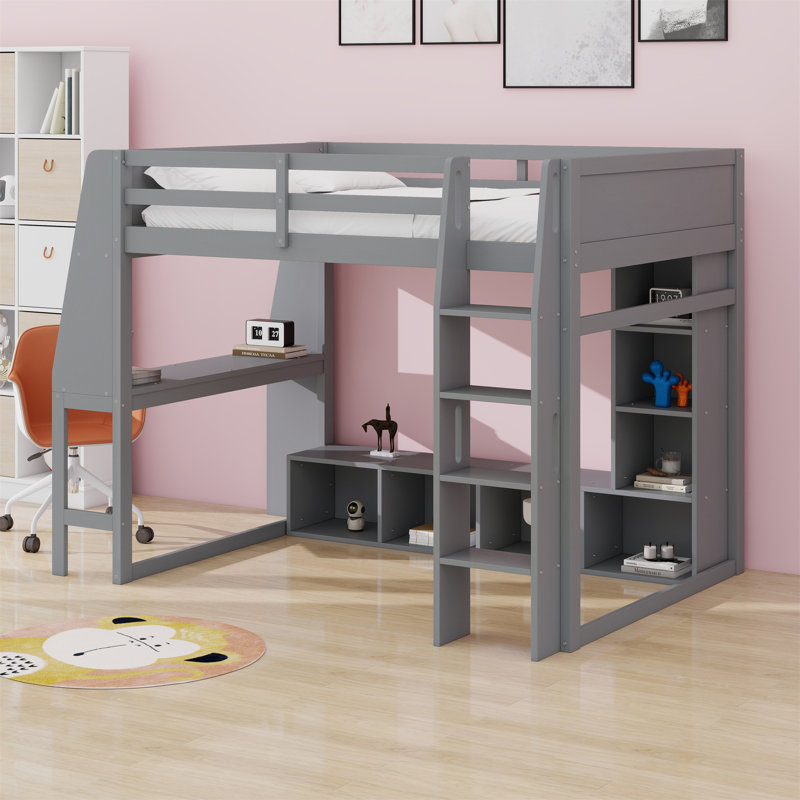 Lit mezzanine en bois avec bureau, étagères à rangement multiples, DEL et portemanteau suspendu
