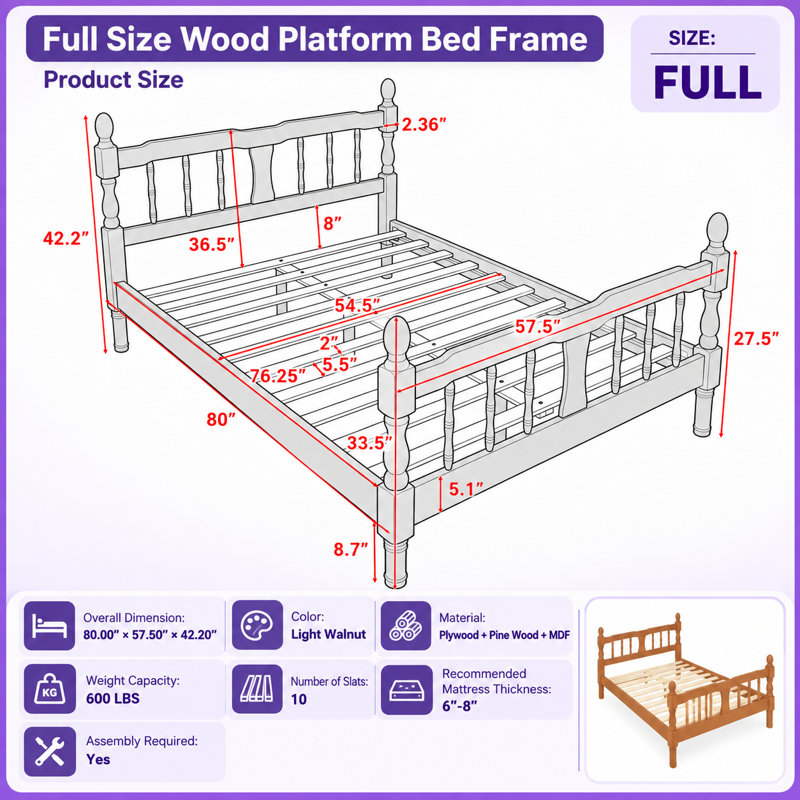 Lit plateforme en bois Altuna pour lits jumeaux/grand lit, avec tête et pied de lit à fuseaux, Double, Noyer