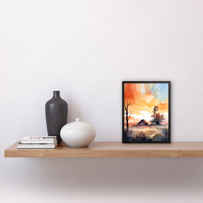Sunrise Clouds Over Countryside Farmhouse Cabin With Old Windmill Tower - Single Picture Frame Print