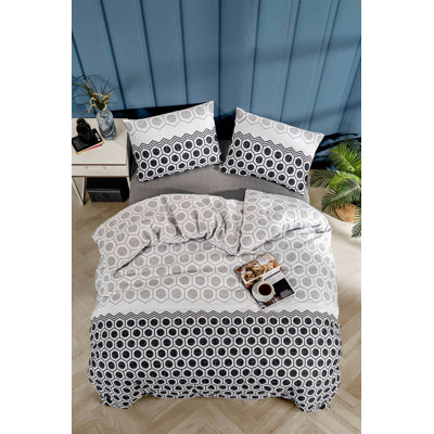 Stylish Single Quilt Cover Set, Black & White & Grey, Queen Size 53.1 x 78.7 | 65% Cotton / 35% Polyester, 120 Thread Count | Machine Washable, Pigment Printing, Button Closure for Duvet & Envelope Pillowcase