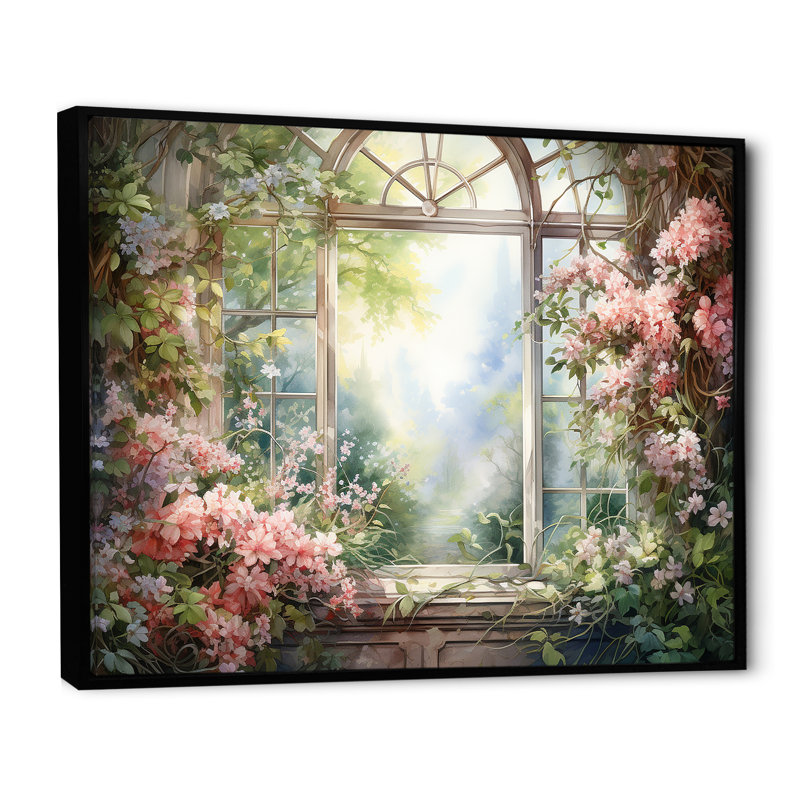 «Pink Blossoming Country Window Gaze II», reproduction d'art sur toile encadrée, Cadre flottant noir