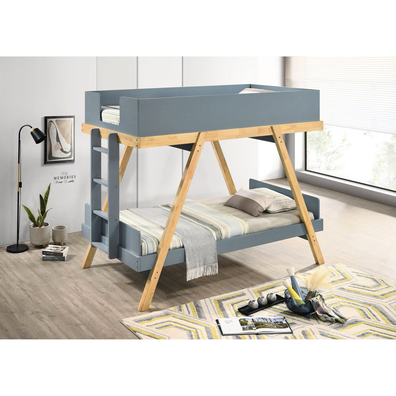 Lit superposé simple bleu au-dessus de style contemporain, finition van, cadre angulaire pour la stabilité et invités