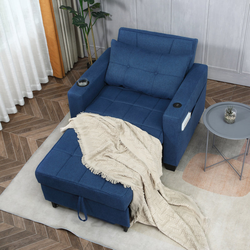 Latitude Run 36.6" Wide Convertible Chair 3-In-1 Pull Out Sleeper Futon Chair Beds with USB, Navy Blue 100% Linen