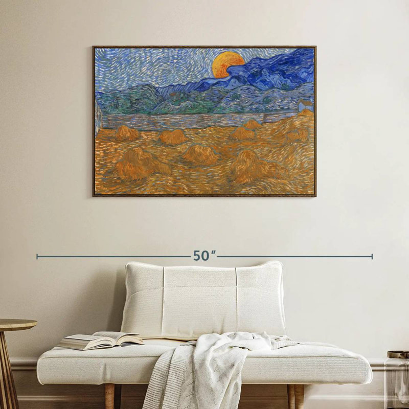 Gerbes de blé et lune montante, 40 po x 27 po, Cadre flottant noyer