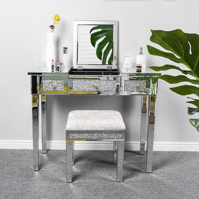 Mirrored Vanity Stool With Storage, Upholstered