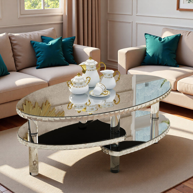 Silver Mirrored Glass Oval Coffee Table With Double-layer Design, Acylic Legs And Crystal Decor