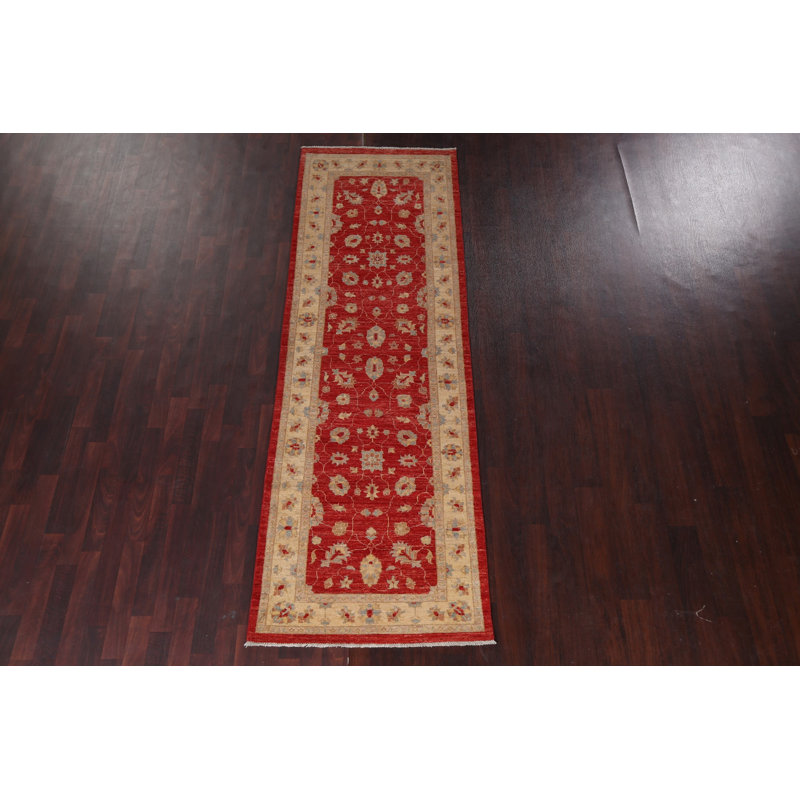 Tapis de couloir rouge en laine noué à la main de conception unique 2 pi 9 po x 9 pi 2 po