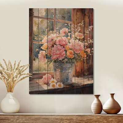 Country Bloom Bouquet At The Barn II - Assorted Bouquets Wood Wall Decor - On Natural Pine Wood