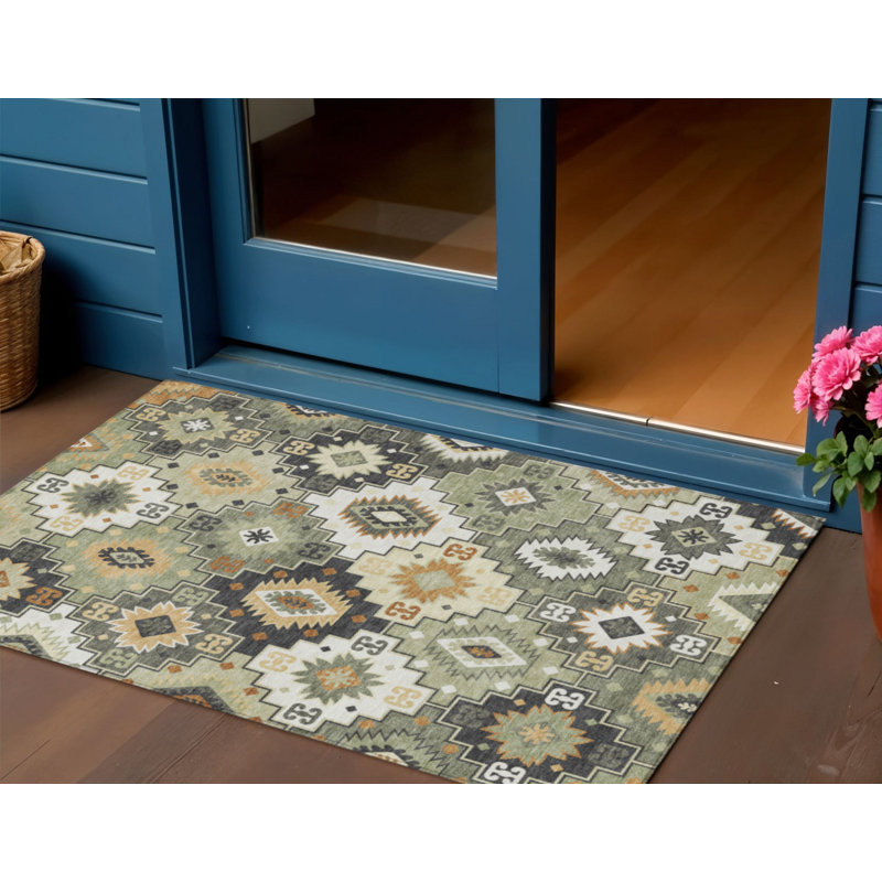 3' X 5' Fern Green Gold And Charcoal Southwestern Washable Indoor Outdoor Area Rug
