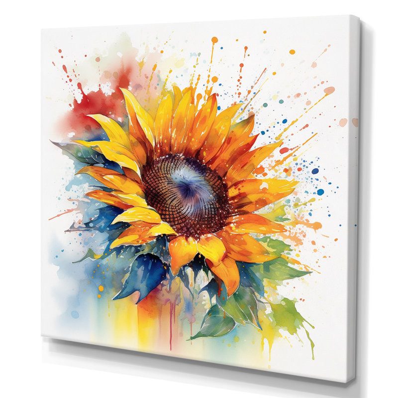 Jaune et bleu, tournesols dorés I - décoration murale florale, H 24 po x l 24 po x P 1 po, Toile tendue