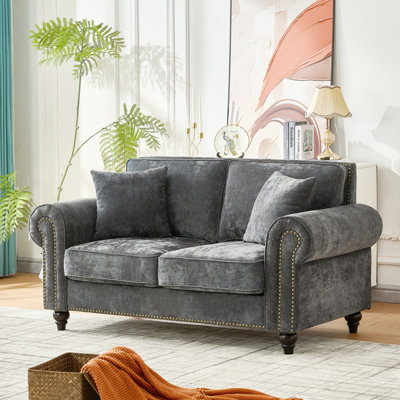 63 2 63" Gray 2 Modern With Rolled Arms, Chenille Upholstered Couch, Wood Legs And Nailhead Trim, High Foam Filled, Ideal For Apartment Living