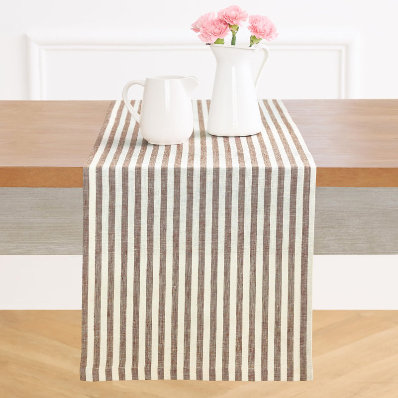Amalfi Stripe - 100% Pure Linen Table Runner, 120" x 14", Brown/Cream