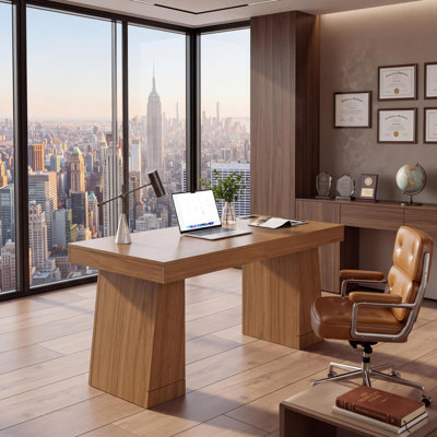 55.1" Executive Desk with Power Outlet & USB Ports, Modern Wood Office Desk with Storage Cabinet, Large Computer Writing Table for Home Office, Conference Room