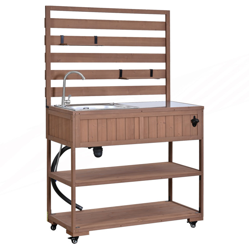 Grand îlot de cuisine sur roulettes, chariot de cuisine avec évier, banc de rempotage avec plateau en acier inoxydable, Brun
