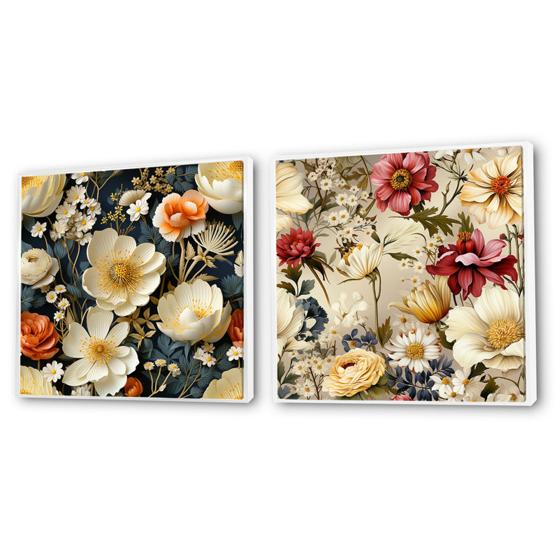 Pfarr - Ensemble de 2 collages floraux carrés, Cadre flottant blanc, H 36 po x l 73 po
