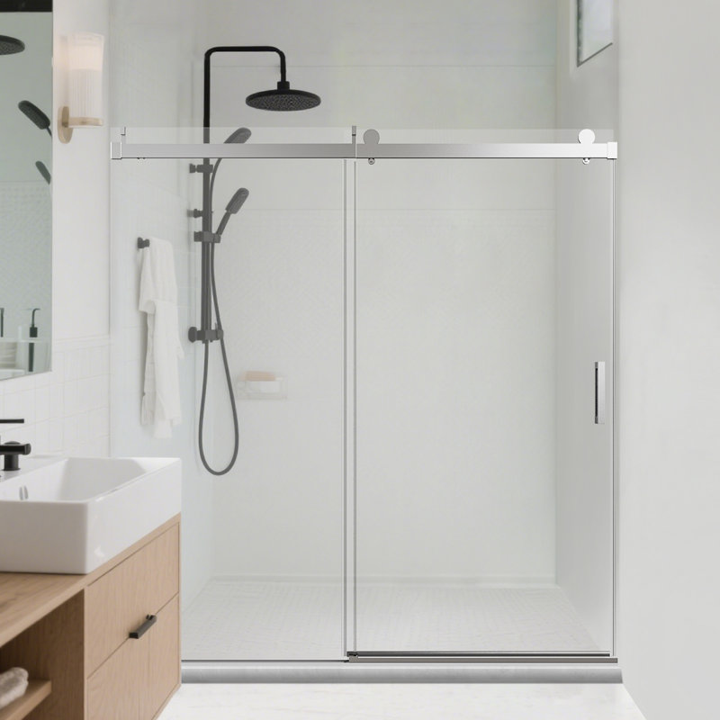 Shower Door 68-72 In W X 76In H, Frameless Single Sliding With Soft-Close 3/8 In Tempered Glass Door, Chrom