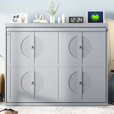 Grand lit mural gris - solution peu encombrante pour les petits appartements, sans sommier, lattes de support de matelas flexibles et faciles à utiliser, assemblage facile