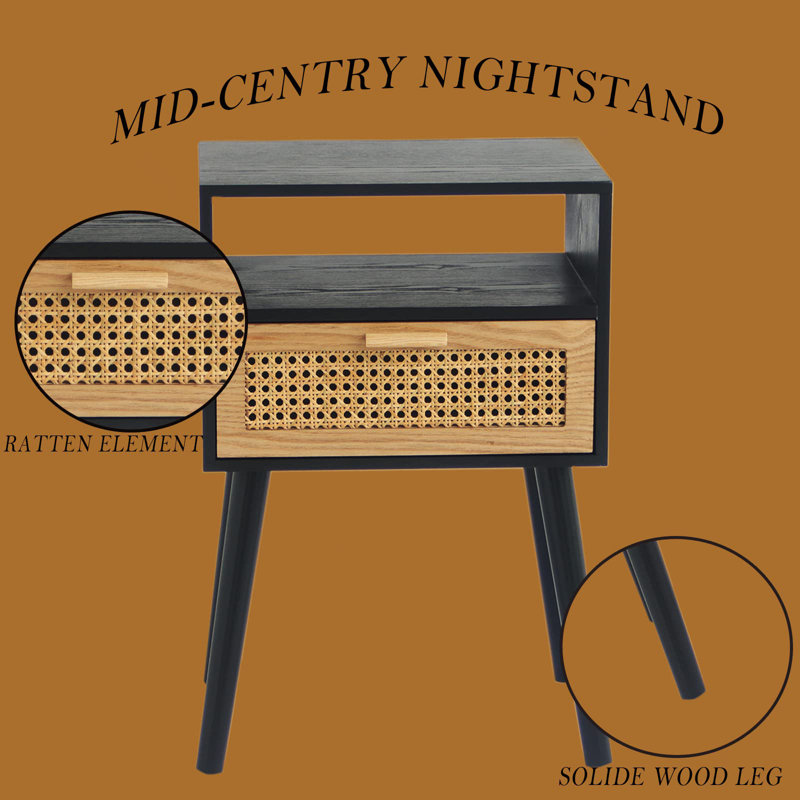 Mid Century Modern Nightstand - Small Bedside Table With Rattan Drawer - Wood End Table With Open Shelf For Small Spaces