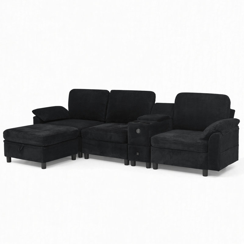Canapé modulaire moderne en L avec rangement tout-en-un, poches d'accoudoirs de rangement latérales, console centrale avec porte-gobelet, repose-pieds avec rangement relevable, siège confortable à plusieurs places - noir