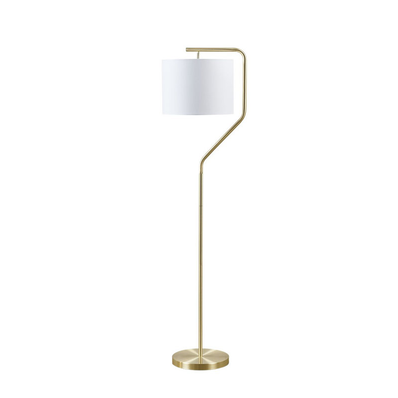 Lampe sur pied angulaire arquée en or avec abat-jour tambour blanc - Éclairage contemporain moderne pour le salon et la chambre à coucher avec ampoule DEL incluse