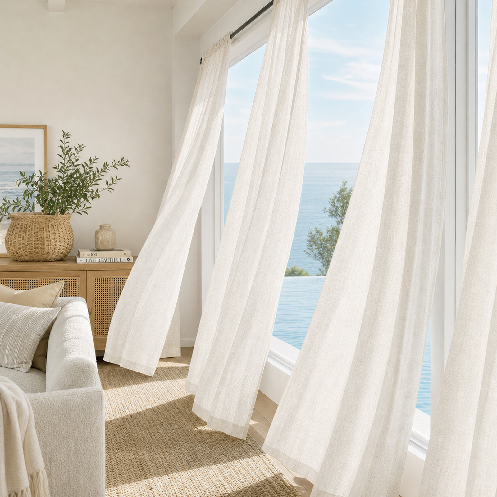 Semi-Sheer Linen Curtains, 2 Panels, with Rod Pocket & Back Tab, Ivory, 52" W x 96" L
