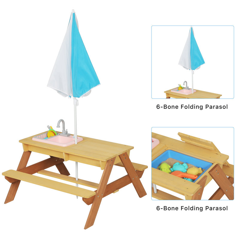 Table de pique-nique en bois sable et eau pour enfants avec parasol, table de jeu pour l'extérieur