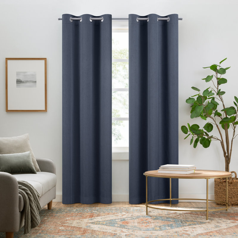 Eclipse Blackout Curtains, Pembroke Faux Linen Grommet Window Curtains, 84 in long x 42 in wide, Thermal Insulated and Noise Reducing Curtains for Living Room, Bedroom or Media Room, 2 Curtain Panels, Indigo
