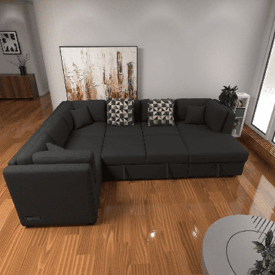 108.6" U-shaped Sectional Sofa With A Pull-out Sofa Bed, Featuring Two Usb Ports, Two Power Outlets, Three Back Cushions, And A Storage Chaise, Perfec by Latitude Run