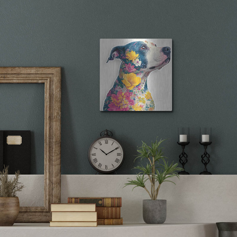  «Floral Pitbull» par Ann Klee, art mural en métal, 12 po x 12 po, H 12 po x l 12 po