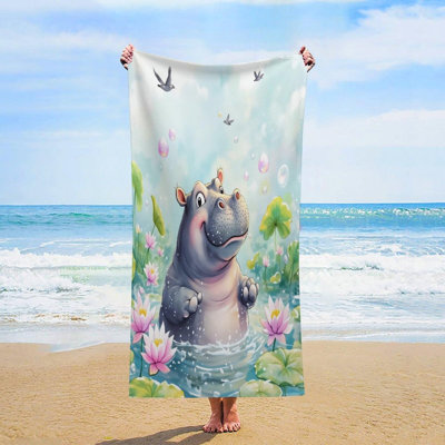 Serviette de plage fantaisiste en hippopotame surdimensionné en microfibre légère à séchage rapide et sans sable pour piscine, 50 x 60 po
