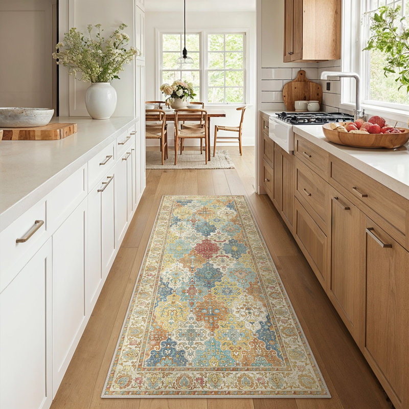 Vintage Boho Machine Washable Gold / Beige / Blue Indoor Area Rug With Non-Slip  , Runner 60 x 180 cm
