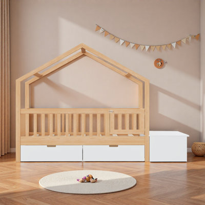Load-Bearing Safe Toddler Bed with Storage Drawers  Lift-Top Chest, Solid Wood Bed with Safety Railings  Gate, Playhouse Bed Frame for Kids, Compati