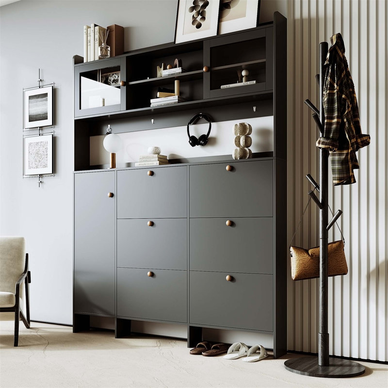 62.1 " Wide Hall Tree with Shelves and Cabinet(s), Black