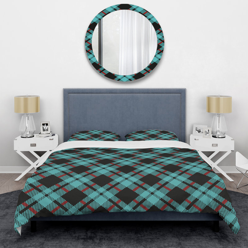 Tartan à carreaux noir et bleu - Ensemble de housse de couette abstrait - Microfibre de polyester