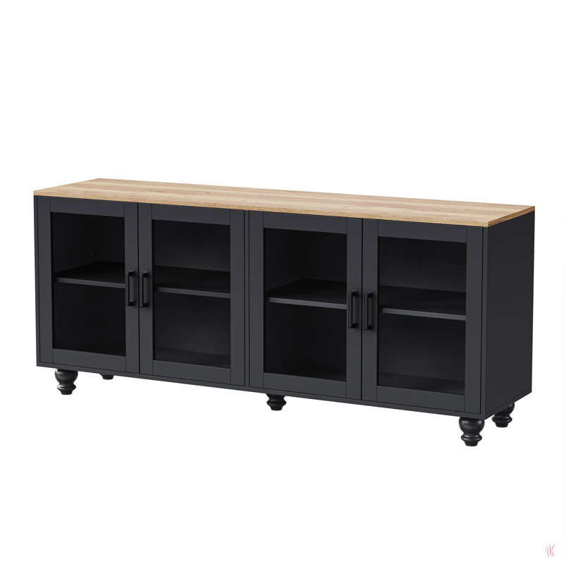 Farmhouse Tv Stand With Tempered Glass Doors For Tvs Up To 70", Versatile Sideboard With Adjustable Shelves, Elegant Buffet Cabinet With 5 Solid Wood Gourd-Shaped Legs For Living Room
