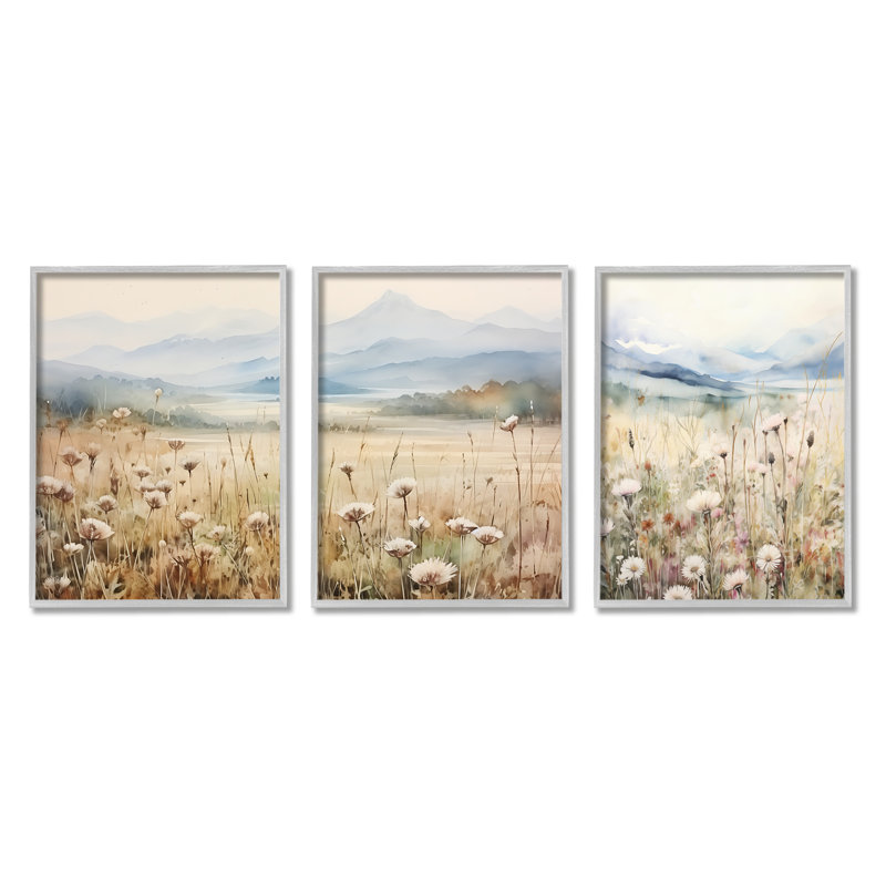 «A3-218», «In The Field Landscape», encadré sur bois, 3 pièces par Petals Prints, Estampe numérique Farmhouse
