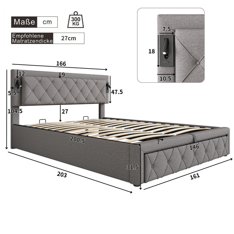 Eyota Upholstered Ottoman Storage Bed, European Kingsize (160 x 200cm)