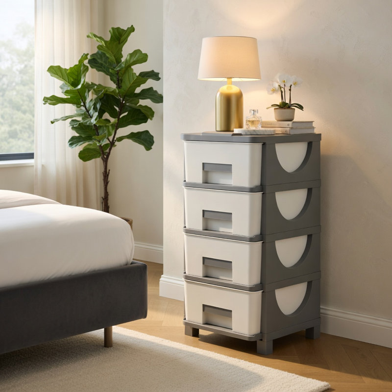 Armoire de rangement en plastique à 4 tiroirs avec tablette supérieure, table d'appoint de chambre à coucher peu encombrante, gris