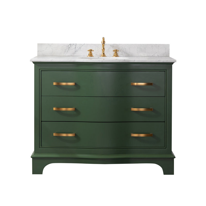 Meuble-lavabo simple en bois massif et manufacturé avec plateau en marbre Goleta, Evergreen / or brossé