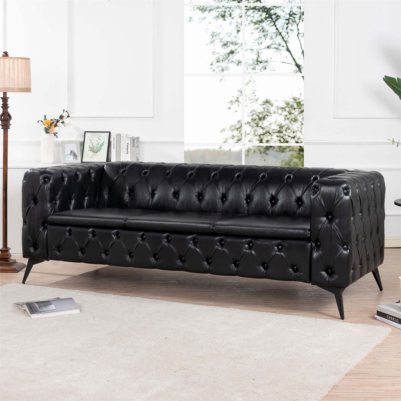 Natsue 84.06'' Faux Leather Sofa, Black Faux Leather