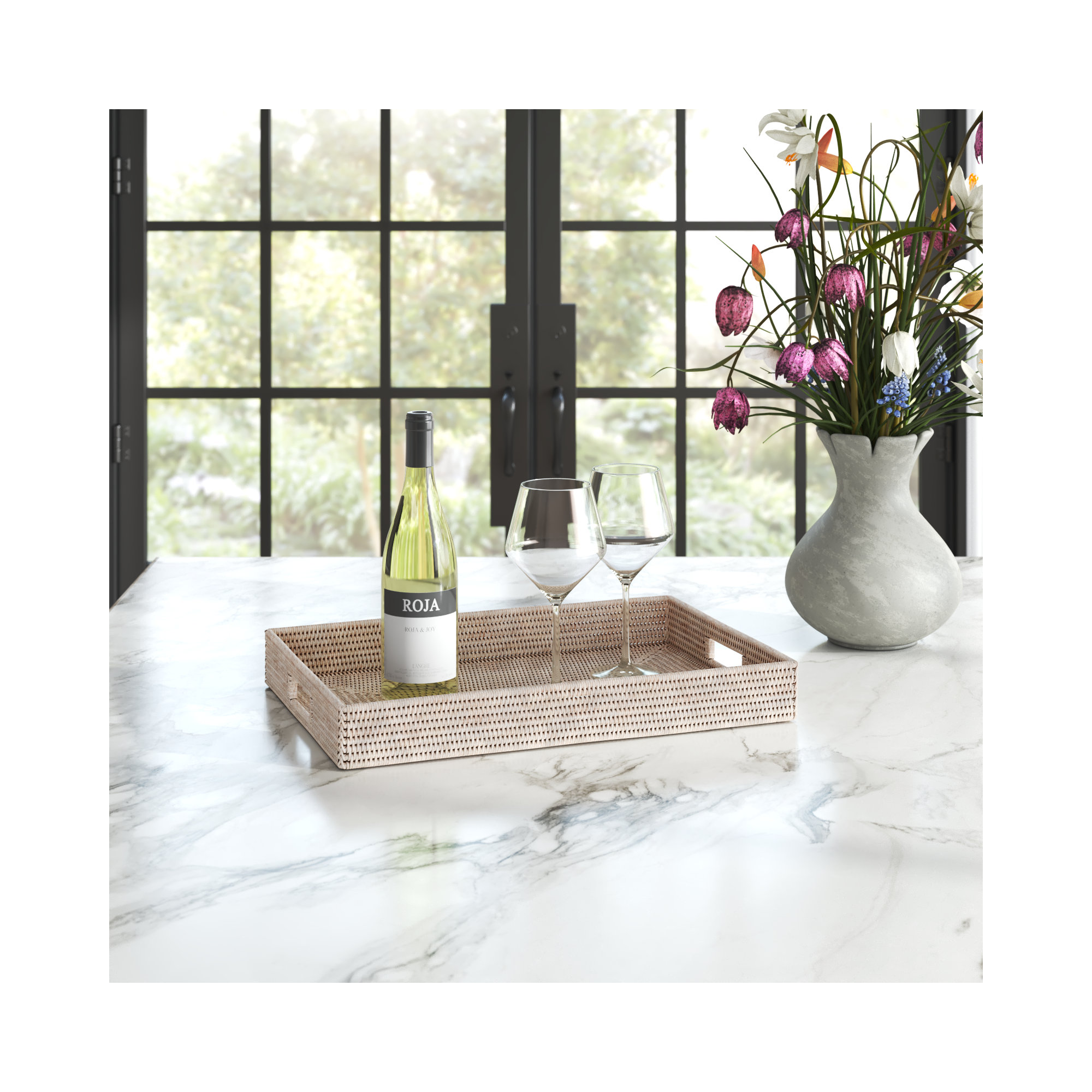 Edmond Rattan Tray - Set of 1, 3" H x 22" L x 15" W, White Wash